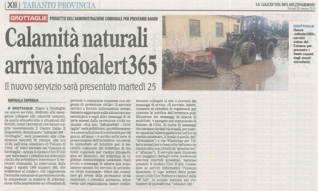 Articolo Gazzetta del Mezzogiorno 20 Ottobre 2016. Attivazione di InfoAlert365 nel Comune di Grottaglie