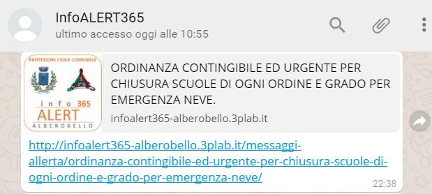 Messaggio WhatsApp con Ordinanza contingibile ed urgente per chiusura scuole di ogni ordine e grado nel Comune di Alberobello per emergenza neve