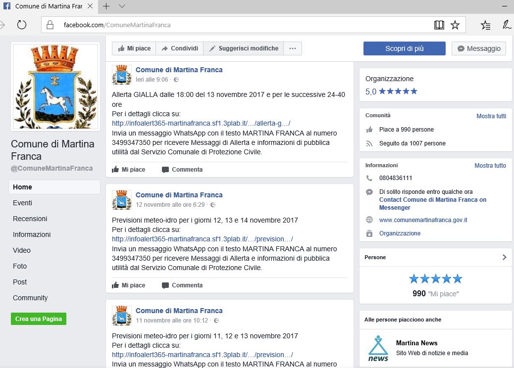 La pagina facebook della Città di Martina Franca attraverso la quale vengono veicolati i contenuti del servizio infoALERT365