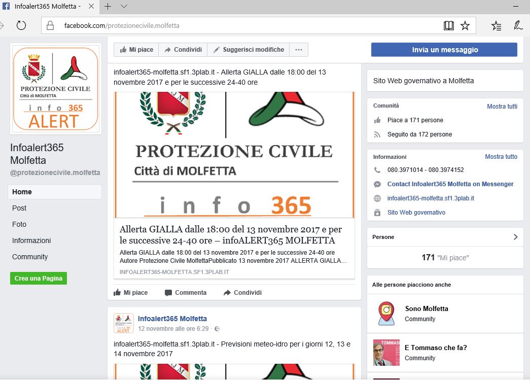 La pagina facebook del Comune di Molfetta attraverso la quale vengono veicolati i contenuti del servizio infoALERT365