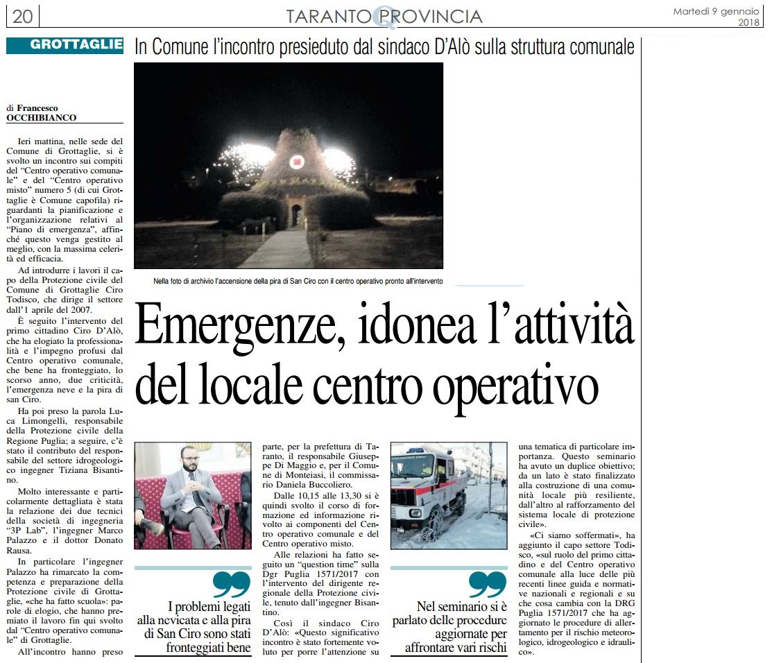 Quotidiano di Puglia del 9 gennaio 2018, Edizione di Taranto