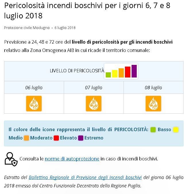 Estratto del Bollettino regionale di pericolosità per gli incendi boschivi