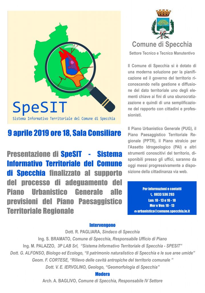 Locandina dell'incontro di presentazione del Sistema Informativo Territoriale del Comune di Specchia (SpeSIT)