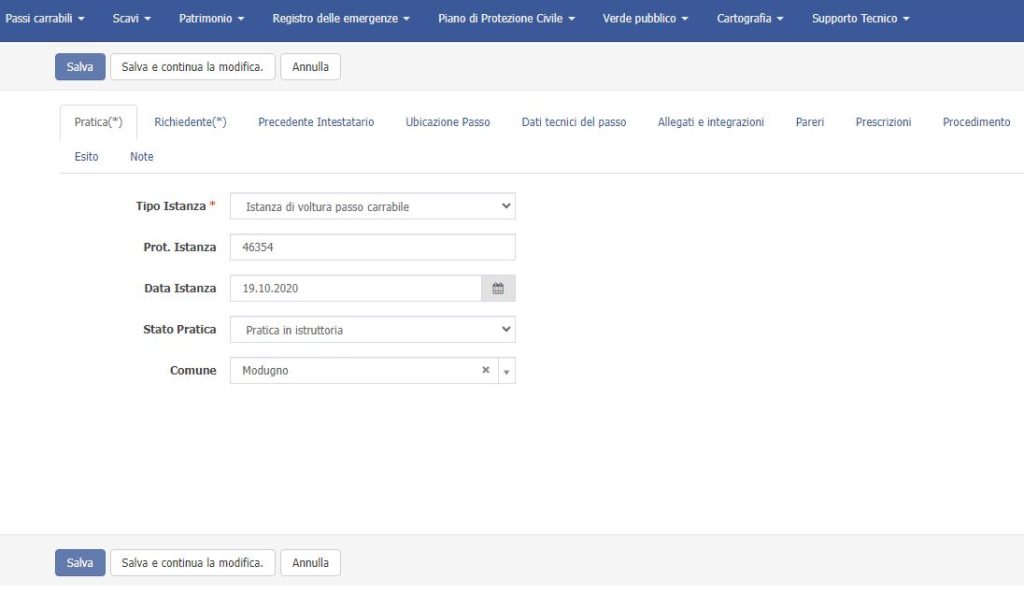 InfoCITY365 Modulo Passi Carrabili - Form di inserimento e modifica di una pratica per passo carrabile