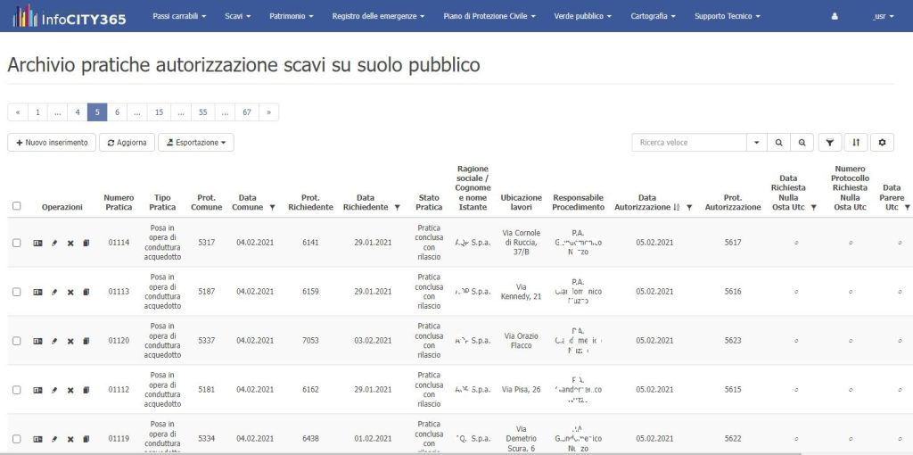 InfoCITY365 Modulo Scavi su suolo pubblico - Archivio pratiche di autorizzazione allo scavo su suolo pubblico