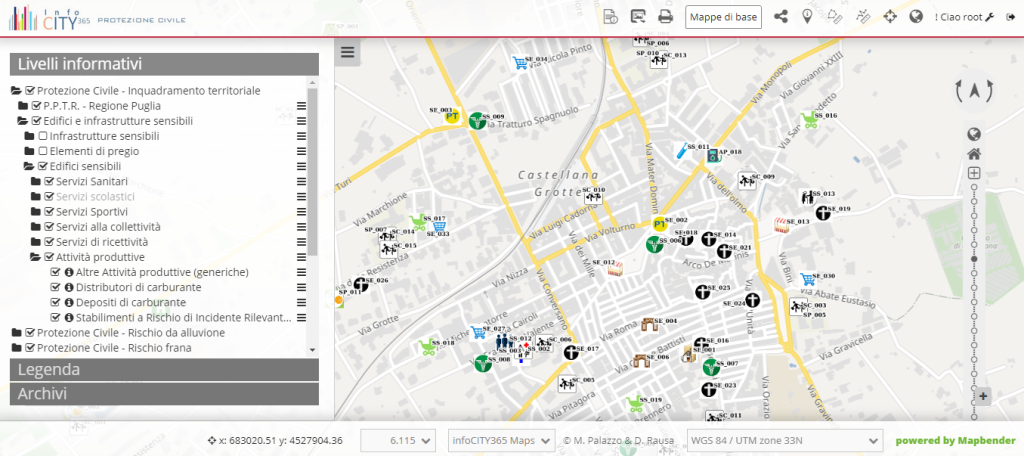 Infocity365 Maps - Modulo Protezione Civile - Rappresentazione su mappa degli Edifici sensibili per scopi di Protezione Civile