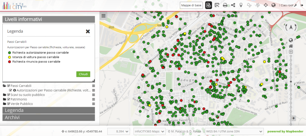 InfoCITY365 Maps - Modulo Passi Carrabili - Rappresentazione su mappa degli indirizzi per i quali è stata inoltrata all’ufficio una richiesta di autorizzazione di un passo carrabile, una richiesta di voltura da un precedente intestatario o una istanza per la cessazione del passo