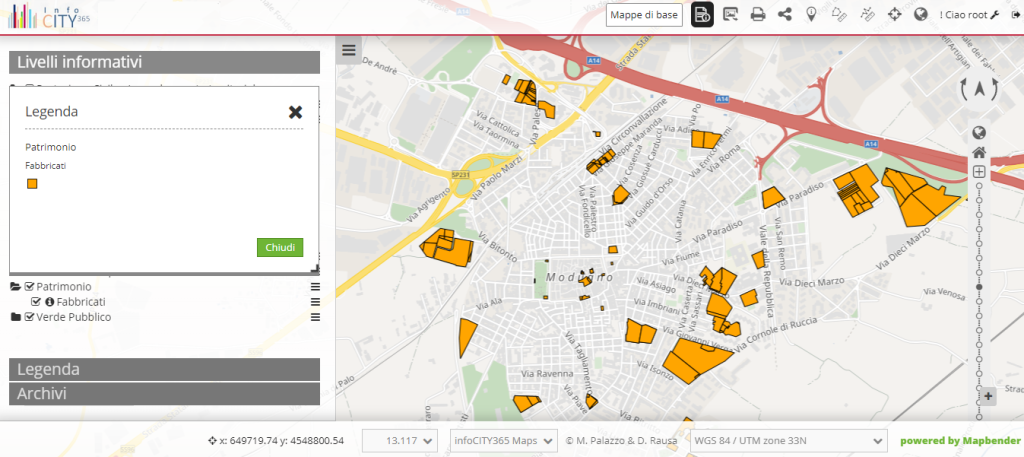 InfoCITY365 Maps - Modulo Patrimonio - Rappresentazione su mappa dei fabbricati censiti come appartenenti al Patrimonio comunale