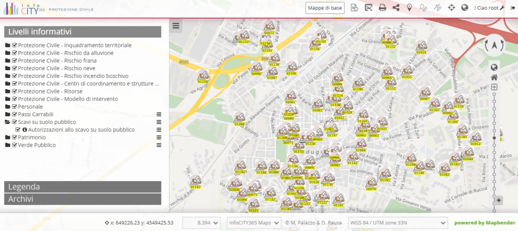 InfoCITY365 Maps - Modulo Scavi su suolo pubblico - Rappresentazione su mappa degli indirizzi dove è stato autorizzato, oppure è in corso di esecuzione, uno scavo su suolo pubblico autorizzato 