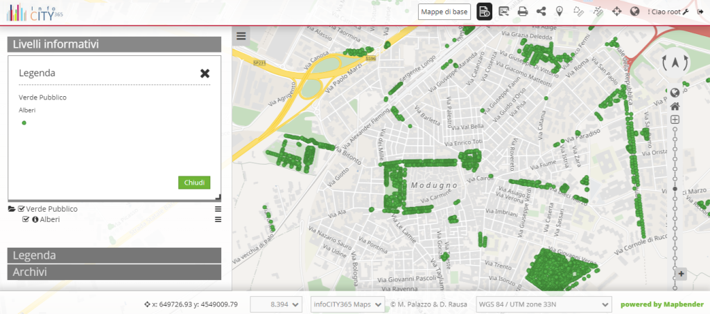 InfoCITY365 Maps - Modulo Verde Pubblico - Rappresentazione su mappa della posizione degli alberi censiti come parte del verde pubblico comunale
