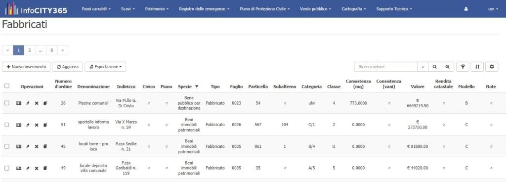 InfoCITY365 Maps - Modulo Patrimonio - Rappresentazione su mappa dei fabbricati censiti come appartenenti al Patrimonio comunale